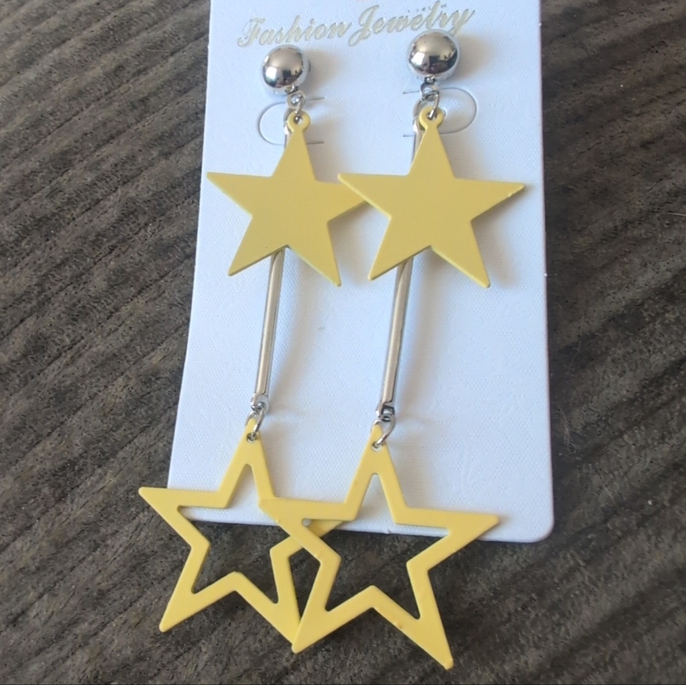 Yellow Double Star Dangle Earrings Gold Tone Celestial Drop Cute Statement Jewel